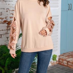 Women Long Sleeve Round neck Spring Autumn Tops Sleeve rhinestones Blouse 