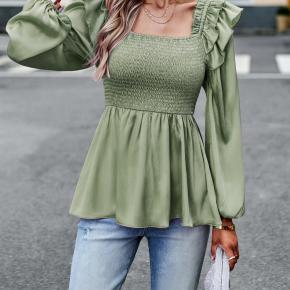 Ruffles Shoulder Smocking Elegant Satin Lyocell Blouse