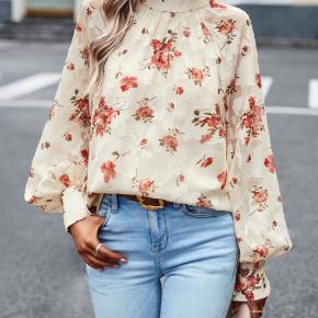 Printed Jacquard Chiffon Long Sleeve High Neck Elegant Blouse