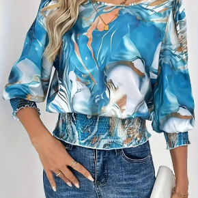 Printed Chiffon 3/4 Sleeve Smocking Elegant Blouse