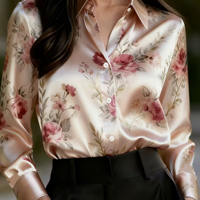 Ladies Spring Autumn Flower Printed Silk Lyocell Elegant Shirt 