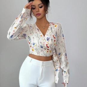 Spring New Cotton Printed V Neck Long Sleeve Sexy Blouses For Women