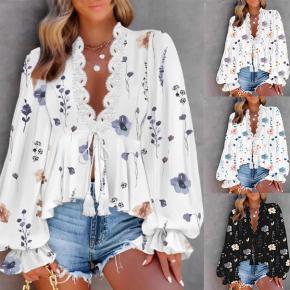 Ladies Spring Cotton Printed Long Sleeve Blouses With Lace