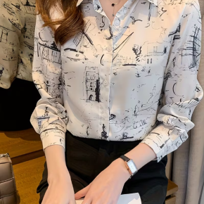 Ladies Spring Autumn Printed Chiffon Elegant Shirt 