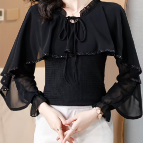Spring Viscose Chiffon Lace Elegant Shirt For Ladies