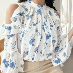 Spring Summer Elegant Printed Chiffon Shirt With Gathering