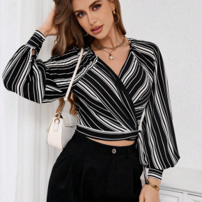 Ladies Spring Viscose Stripe Printed V Neck Long Sleeve Sexy Blouses 