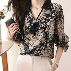 Summer Printed Soft Chiffon Elegant Shirt For Girls Ladies