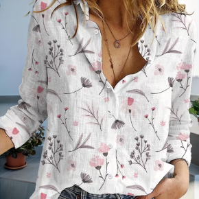 Ladies Office Spring Autumn Printed Linen Elegant Shirt