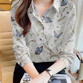 Spring Butterfly Printed Thick Chiffon Elegant Shirt