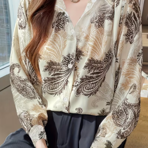 Spring Autumn Digital Printed Thick Chiffon Elegant Shirt