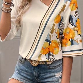Ladies Summer Flower Printed Thick Chiffon Elegant Shirt