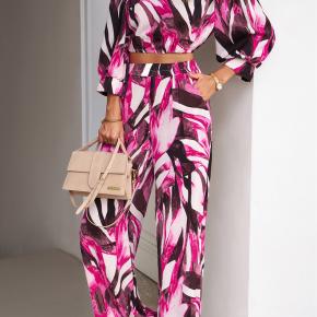 Ladies Soft Chiffon Long Sleeves Printed Top Long Pants 2 Piece Set 
