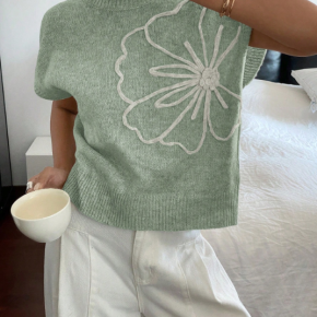 Cotton Knitted Sweater With Jacquard Flowers For Ladies