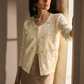 Ladies Fashion Lace Embroidery Rhinestone Luxury Long Sleeves Cardigan