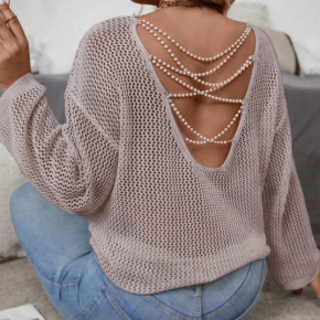 Ladies Cotton Top Knitted Pearl Decoration Sweater For Spring