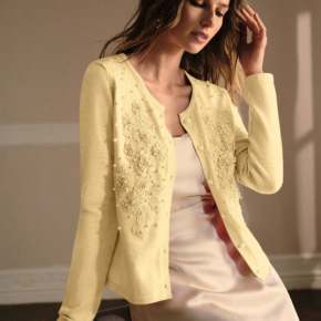 Ladies Fashion Pearl Embroidery Luxury Long Sleeves Cardigan