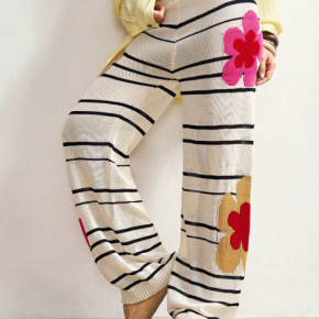 Women's Stripes Pants Knitted 3D Embroidery Trousers
