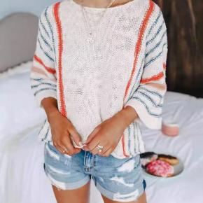 Ladies Stripes Knitted Three-Quarter Flared Sleeves Top