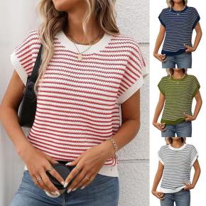 Ladies Cotton Contrast Stripes Knitted T-shirt For Summer 