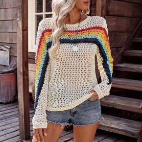 Ladies Cotton Top Knitted Breathable Rainbow Print Knitwear For Spring