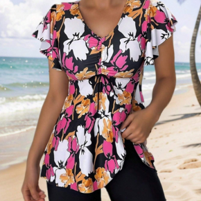 Summer Women Printed Elegant Short Sleeves Top Solid Color Shorts 2pcs Set