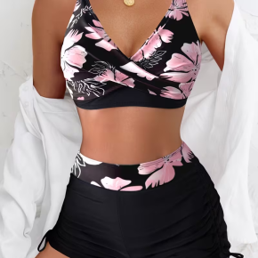 Ladies Printed Beach Swimwear Bra Shorts Drawstring Decoration 2pcs Set