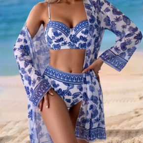 Sexy Ladies Printed Beach Swimwear Bra Shorts Cardigan 3pcs Set 