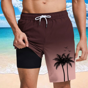 Man's Printed Tree Adjustable Waistband Shorts With Lining
