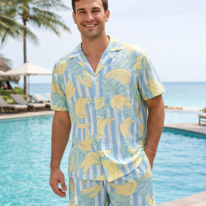 Man's Striped Banana Print Cotton Shirt And Shorts 2pcs Set