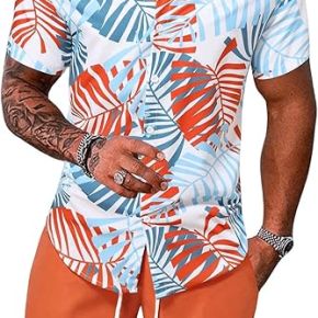 Man's Printed Breathable Cotton Shirt Solid Color Shorts 2pcs Set 