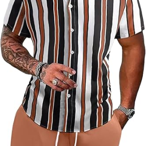 Man's Printed Stripe Cotton Shirt Solid Orange Shorts 2pcs Set